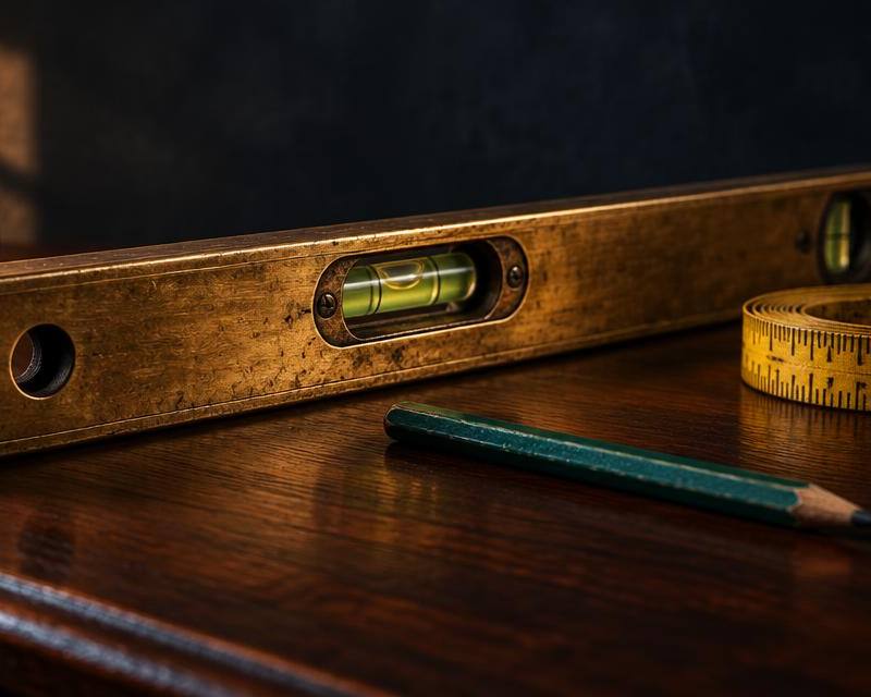 A vintage brass spirit level with an off-center bubble on a dark walnut desk beside a measuring tape and pencil